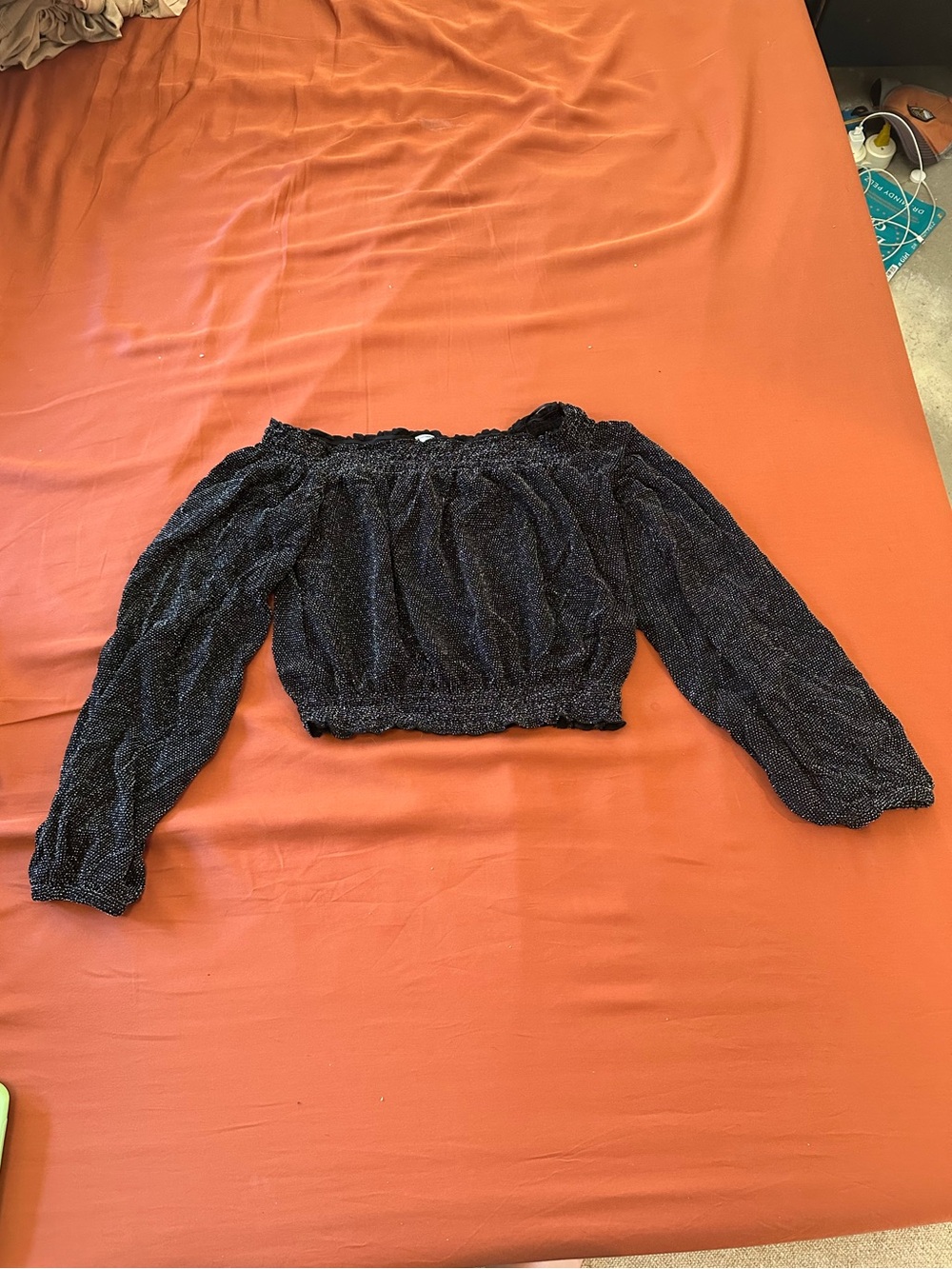 H&M Black Sparkle Off-Shoulder Long Sleeve Crop Top